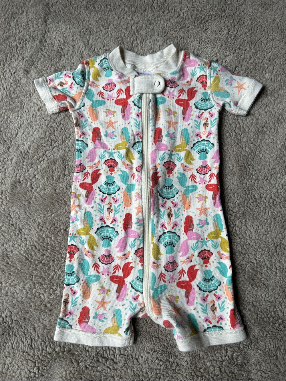 Hanna Andersson Cream Romper with Coral, Teal, Pink and Yellow Sea Life Print